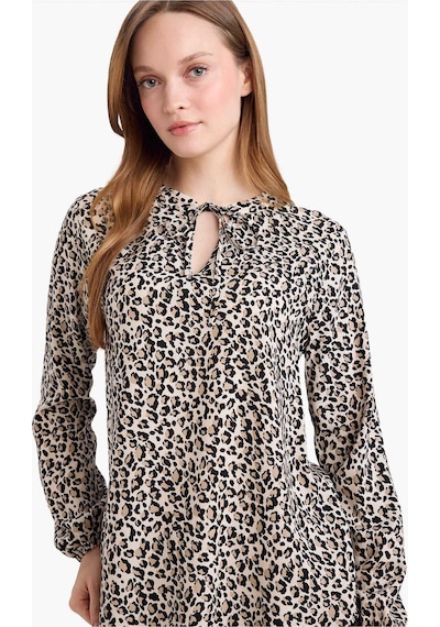 Defacto Regular Fit Bisiklet Yaka Leopar Desenli Uzun Kollu Bluz N1809az26sper103 Ekru-er103