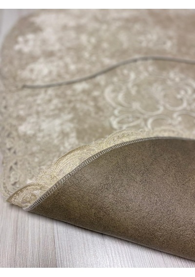 Milas Kaymaz Taban, Kadife Dantel Detaylı 2'li Süper Lüks Oval Banyo Paspası Seti, Kahverengi, 60x100 Cm Altın - Beyaz - Siyah