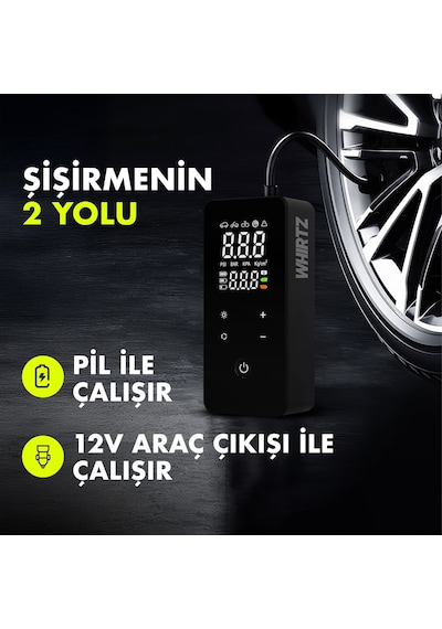 Whirtz 150 Psı Taşınabilir Şarjlı Hava Pompası – Dijital Ekranlı, Led Işıklı, Powerbank