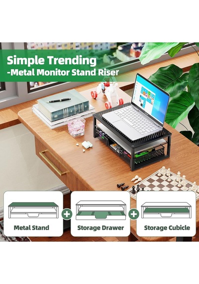 Dizüstü Bilgisayar, Bilgisayar, İmac, Siyah İçin Çekmeceli Metal Monitör Standı Yükseltici Ve Bilgisayar Masası