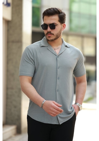 Erkek Apaç Yaka Örme Kumaş Kısa Kollu Gömlek Füme