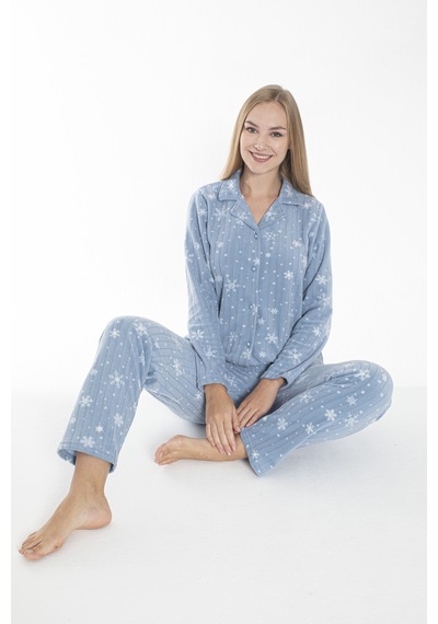 Estiva Kadın Kışlık Kar Desenli Önden Düğmeli Fitilli Polar Pijama Takımı Mavi Çok Renkli