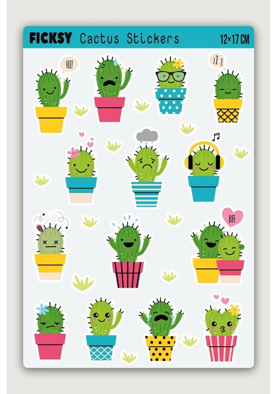 Sevimli Kaktüs Sticker Seti - 14 Adet Etiket Çıkartma Diğer