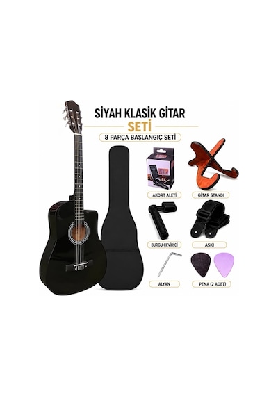 Siyah Kesik Kasa Klasik Gitar Seti 8 Parça Full Paket Kılıf, Akort Aleti, Stand, Askı Ve Pena Dahil Başlangıç Gitarı