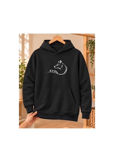 Mor Mürekkep Bozkurt Profili Ve Kavisli Göktürk Yazısı Baskılı Kapüşonlu Sweatshirt - Siyah