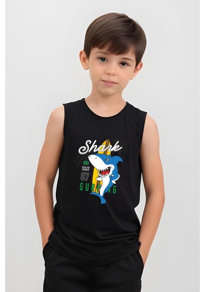Fyk Kids Erkek Çocuk Baskılı Sıfır Kol Shark Surfıng Alt-üst Takım Siyah