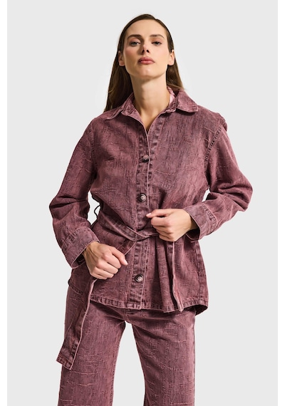 Kadın Gül Kurusu 6s6-98 Oversize Kemer Detaylı Kumaş Özellikli Tasarım Denim Ceket Bordo