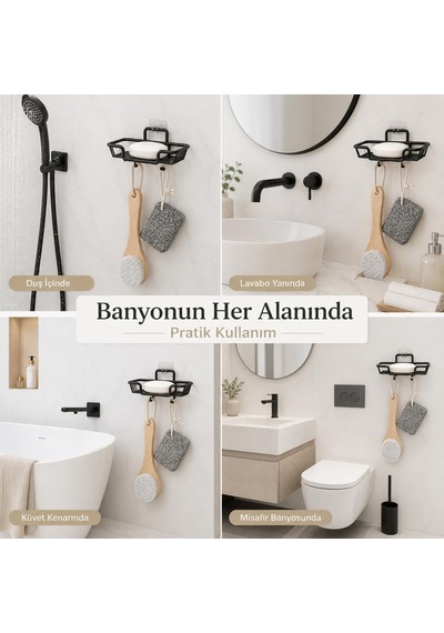 Alper Banyo Yapışkanlı Siyah Sabunluk Ve Lif Askılık, Delmeden Montajlı Banyo Sabun Rafı, Çift Askılı Mat Siya Diğer