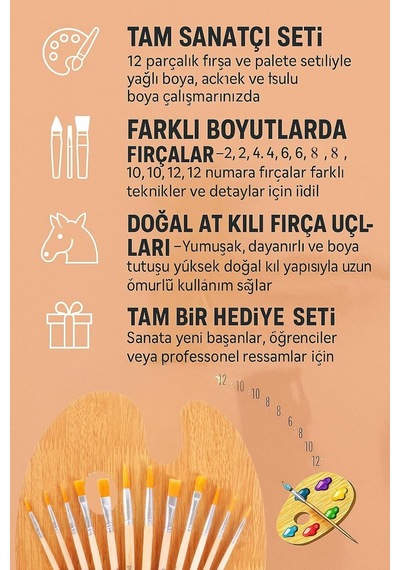 12 Adet At Kılı Yağlı Akrilik Ve Suluboya Fırçası Takımı Boya Paleti Seti Cin551