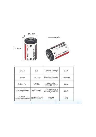 Eve Er14250 1/2aa Size 3. 6v 1200 Mah Şarjsız Li-socl2 Lithium Pil