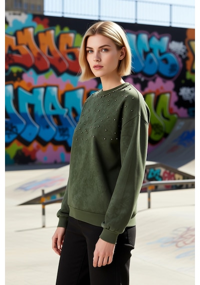 Benerly Kadın Bisiklet Yaka Düşük Kol Eskitme Efektli Regular Sweatshirt Haki