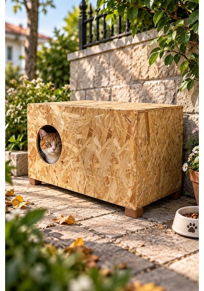 Reyo Büyük Boy Kedi Evi Sokak Hayvanları İçin Kedi Yuvası Ahşap Kedi Kulübesi Yağmura ve Soğuğa Dayanıklı OSB 60 x 40 x 30 CM CAT24