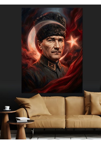 Ay Yıldızlı Atatürk Portresi Tasarımı Dekoratif Kanvas - Mdf Ahşap Tablo