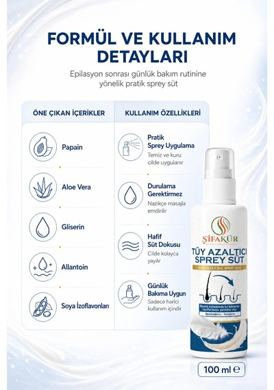 Şifakür Papain ve Aloe Vera İçerikli Epilasyon Sonrası Bakım Sütü Sprey 100 ML