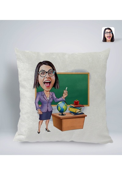 Bk Gift Kişiye Özel Kadın Öğretmen Karikatürlü Kare Araç Koltuk Yastığı-1 Çok Renkli