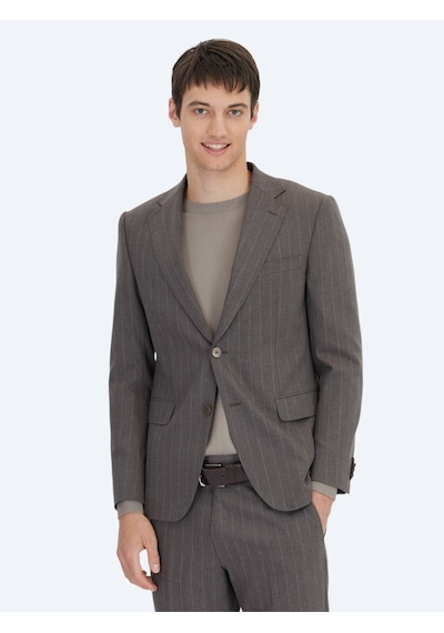 Kip Kahverengi Çizgili Modern Fit Yün Karışımlı Takım Elbise Kahverengi