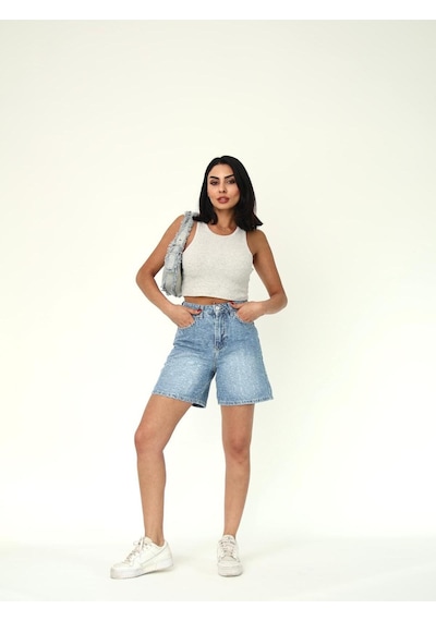 Eskitme Denim Kumaş Boru Paça Şort Mavi+eskitme