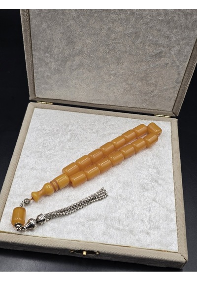 Osmanlı Benzetme Çubuk Sıkma Kehribar Tespih Efe Boy 17 Habbe 11x14 Mm Bal Sarısı No:6 Gümüş