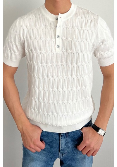 Cool Tarz Erkek Beyaz Hakim Yaka Düğmeli Slim Fit Triko T-shirt Beyaz Beyaz