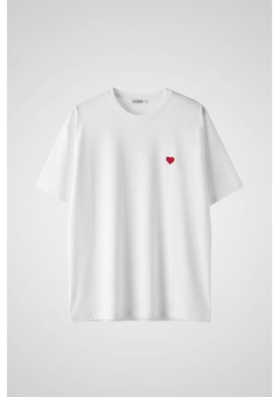 Feg Store Kadın Beyaz Kalp Nakışlı Oversize Bisiklet Yaka T-shirt