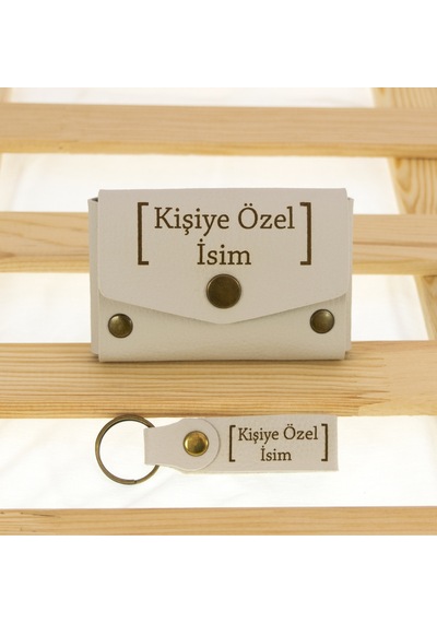 Miaju Taş Rengi İsme Özel Yüksek Kalite Bozuk Para Cüzdanı Ve Anahtarlık Seti, Kişisel Aksesuar Taş