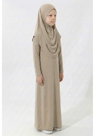 Mnk Baby & Kids Pratik Başörtülü Kız Çocuk Namaz Elbisesi M00789 Kahverengi