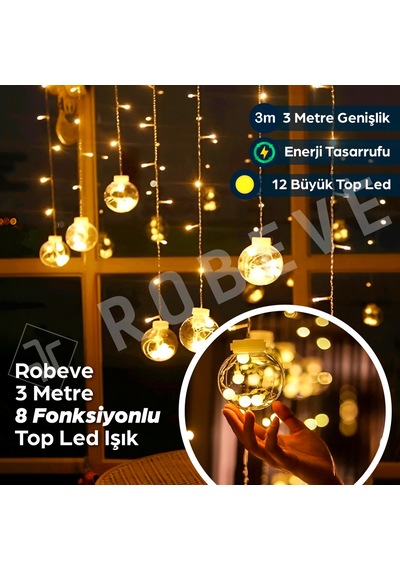 Robeve Işıklı Yılbaşı Top Led Led Işık Saçak Led Top Dekoratif Yılbaşı Led 2.5 Metre 138 Led 8 Fonksiyonlu 8 Modlu Led Işık Günışığı Perde Led Gün Işığı