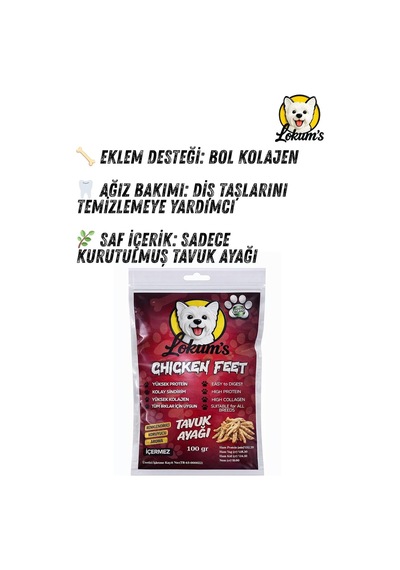 Lokums Köpek Kurutulmuş Tavuk Ayağı Ödül Maması,%100 Doğal, Katkısız, Yüksek Protein, Stick