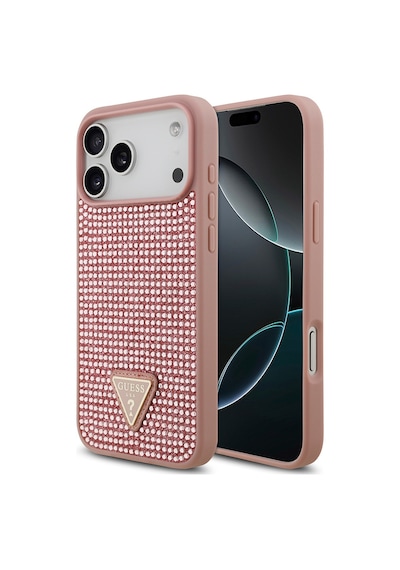 Apple Uyumlu iPhone 17 Pro Max Kılıf Guess Lisanslı Taşlı Arka Yüzey Üçgen Logolu Kapak Pembe Pembe