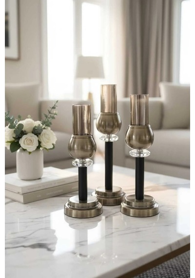 Metal Kristal Taşlı Bronz 3'lü Cam Mumluk Şamdanlık Seti Haki