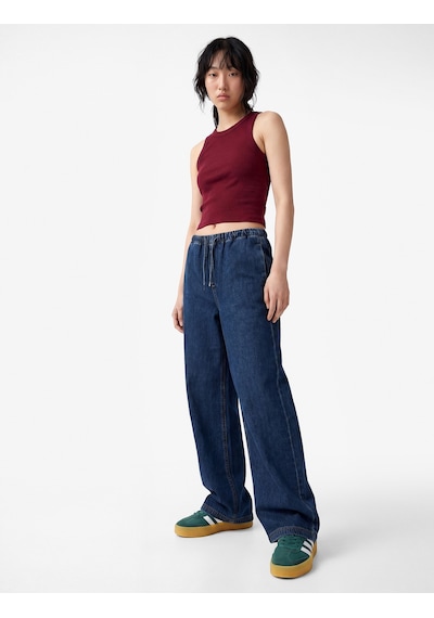 Koton Beli Bağcıklı Cep Detaylı Bol Paça Denim Pantolon Koyu İndigo 6sal40041md Indigo