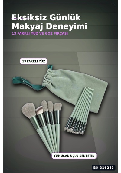 Makyaj Fırça Seti 13 Parça - Yumuşak Sentetik Kıllı Yüz Ve Göz Fırçaları Bx-316243