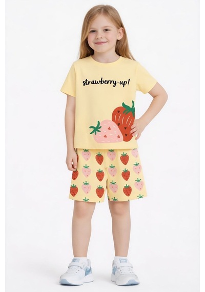 Name Baby & Kids Kız Çocuk Şortlu Yazlık Pijama Takımı - Çilek Nbk-6154 Sarı