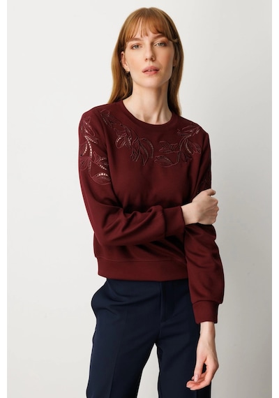 On Fashion Kadın Kolları Ve Yakası Pencere Detaylı Bordo Sweatshirt 66322 Bordo