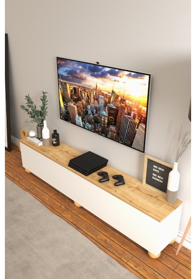 B3 Concept Nort Serisi Beyaz & Safir Meşe 3 Kapaklı Tv Ünitesi