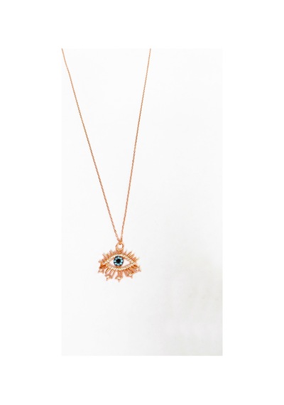 Aqua Marin Taşlı Kirpikli Göz Gümüş Kolye Rose Gold