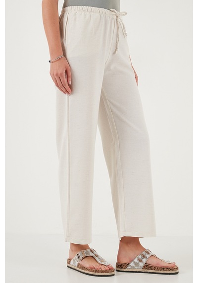 Lela Keten Karışımlı Regular Fit Normal Bel Geniş Paça Bayan Pantolon 5866030 Bej