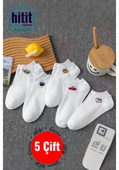 Hitit Socks Kadın 5 Çift Renkli Meyve Desenli Günlük Premium Kalite Bilek... Beyaz