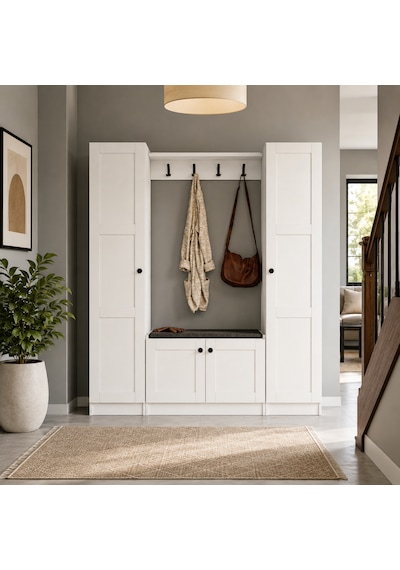 Lucas Çift Boy Dolaplı Portmanto Vestiyer Ayakkabılık Askılıklı Oturma Banklı Antre Dolabı 182x170x35 Cm Beyaz Lucas Çift Boy Dolaplı Portmanto Vestiyer Ayakkabılık Askılıklı Oturma Banklı Antre Dolabı 182x170x35 Cm Beyaz