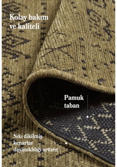 Bohem Tarz Dekoratif Pamuk Taban Şönil Kilim Yeşil Renk Halı