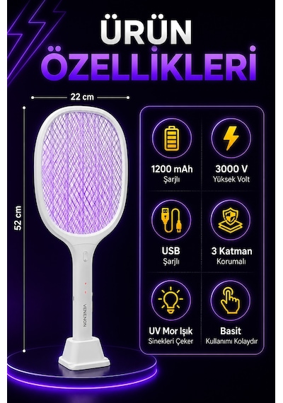 3000v Şarjlı Elektrikli Sinek Raketi Standlı Sivrisinek Haşere Öldürücü Sineklik Haşere Aleti D028