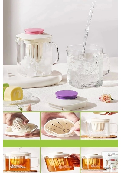 Isıya Dayanıklı Borosilikat Çelik Filtreli Bitki Çayı Süzgeçli Cam Demlik & 850 Ml. Kulplu Sürahi Bej