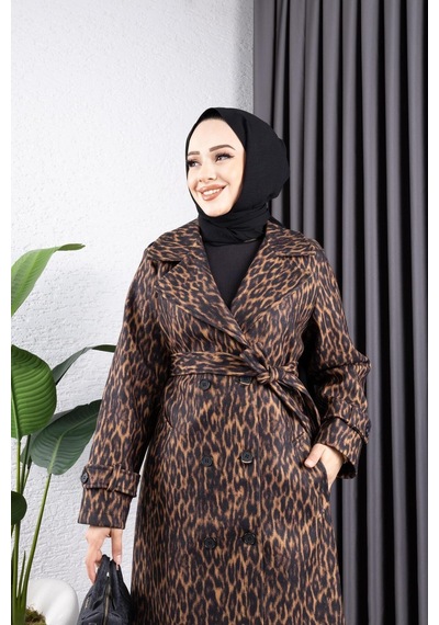 Harman Butik Kadın Astarlı Leopar Desenli Kaşe Kaban Kahverengi Kahverengi