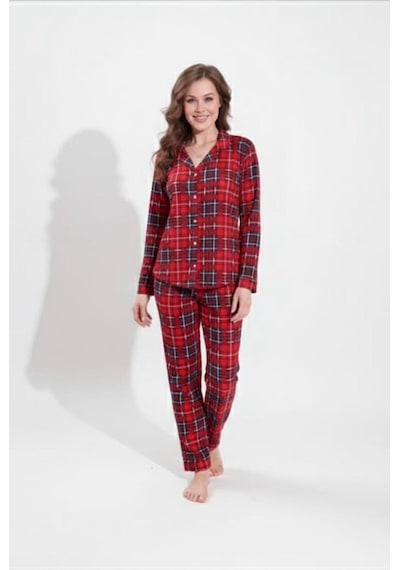 Ekose Desenli Düğmeli Uzun Kollu Kadın Pijama Takımı Yeşil