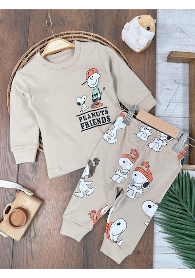 Bisiklet Yaka Peanuts Friends Baskılı Alt Üst Pijama Takımı 4bb2 Krem