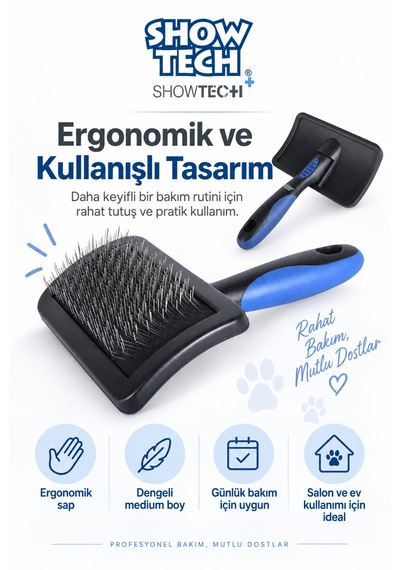 Showtech Universal Sert Ve Çift Pinli Kedi Köpek Kıtık Açıcı Fırça Orta Boy