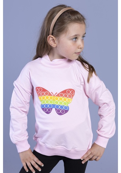 Toontoy Kız Çocuk Pamuklu Balıkçı Yaka Popıt Desenli Sweatshirt Açık Pembe