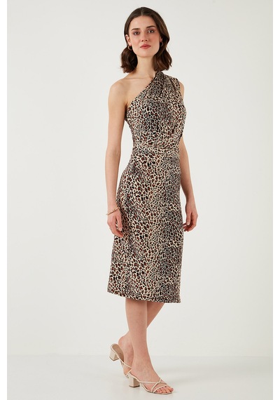 Lela Slim Fit Tek Omuzlu Yırtmaçlı Bağlama Detaylı Midi Bayan Elbise 5866272 Leopar