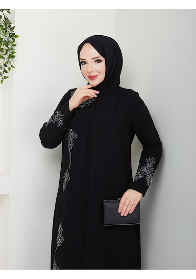 Eslemnur Büyük Beden Yaprak Taşlı Anne Elbisesi En7008 Siyah