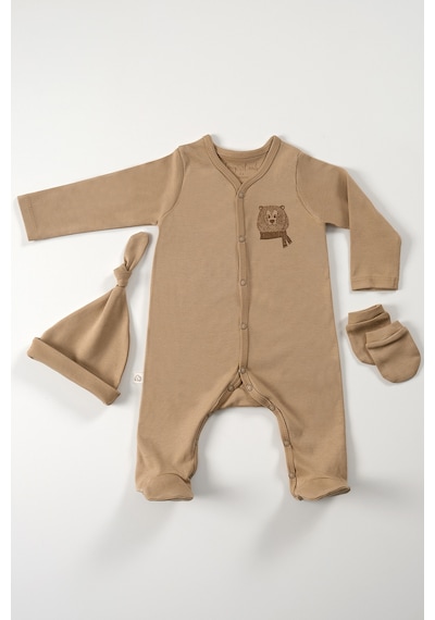 Tinylamb Cool Bear Unisex 3 Parça Hastane Çıkışı Takımı Organik Pamuk Yenidoğan Mini Set Toprak